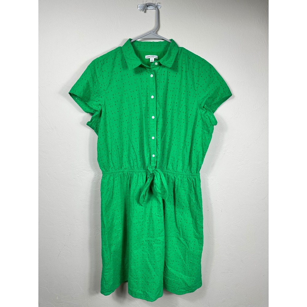 J.Crew Mercantile Eyelet Dress Sz L Green Short Sleeve Tie‎ Waist Shirt Dress